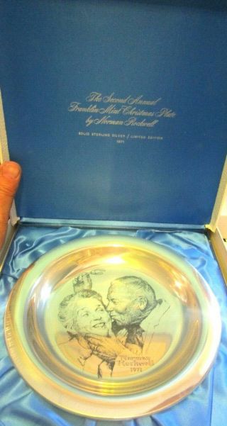1971 Franklin Norman Rockwell Xmas Plate Solid Sterling Under The Mistletoe
