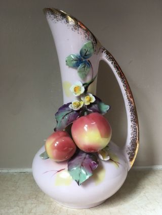 Lefton Vase Embossed Apples Flowers Pitcher 7.  5 " Pink Hand Painted Gold Vintage