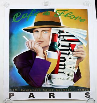 Vintage Huge Razzia Cafe De Flore Paris Fine Art Deco French Hand Signed Poster