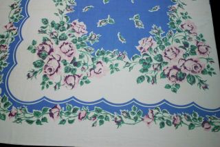 100 Cotton Vintage Tablecloth.  Blue Middle With Pink& Maroon Roses 48 " X51 " Us