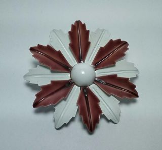 Vintage Brown & White Metal Enamel - Flower Pin Brooch -