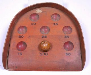 Vintage Wood Rolling Skee Ball Game With Old Clay Marble Ball 11.  5 " W X 10.  75 " L