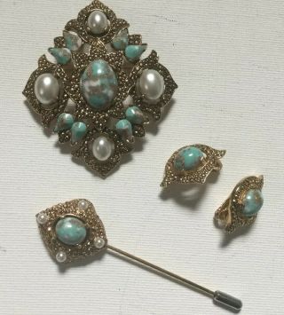 Vintage 1960s Sarah Coventry Stick Pin Brooch Clip Earring Faux Pearls&turquoise