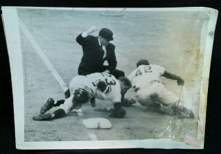 1953 Jackie Robinson Press Photo Brooklyn Dodgers Giants Bobby Thomson 50s Vtg