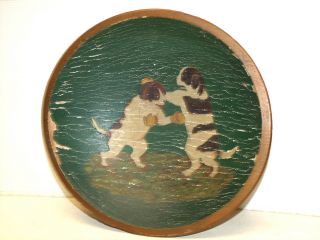 Antique Primitive Art Wooden Bowl Hand Painted Scene Boxing Dogs Circa 1920