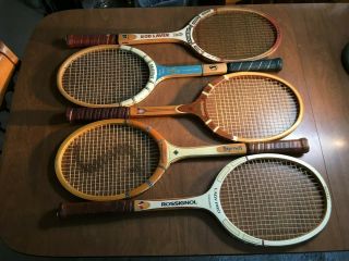 5 Vintage Wood Tennis Rackets - Spalding,  Davis,  Etc - All Strings Intact - I412
