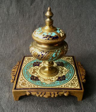 Antique French Gilt Bronze Champleve Cloisonne Enamel Inkwell
