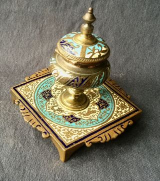 Antique French Gilt Bronze Champleve Cloisonne Enamel Inkwell 2