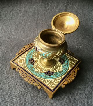 Antique French Gilt Bronze Champleve Cloisonne Enamel Inkwell 3