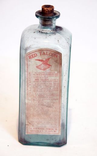 Antique Red Falcon Embalming Fluid Bottle W/ Label Max Huncke Chemical Co.  60 Oz