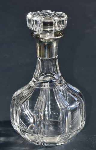 Vintage Cut Crystal Decanter With Wide Sterling Silver Collar -