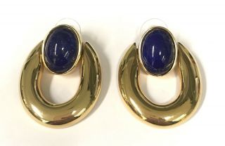 Huge Vintage Signed Carolee Faux Lapis Art Glass Gold Tone Door Knocker Earrings