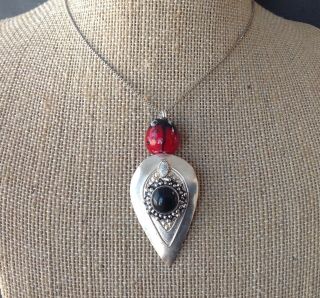 Vintage Necklace Sterling Silver Handmade Pendant W/ Ladybug & Black Onyx