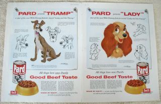 2 Vintage 1955 Lady And The Tramp Disney Movie Ads Pard Dog Food Cartoon Sketch