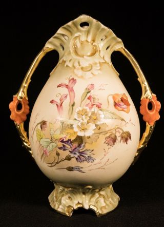 Large Antique Austria Robert Hanke Hand Painted Floral Vase,  11 - 1/4 In