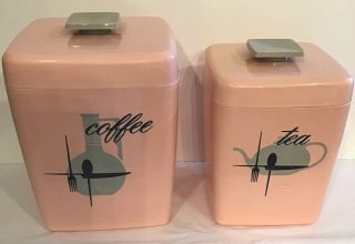 Vintage 1950’s Plastic Canisters Coffee And Tea Pink And Gray 6 1/2”and 5 1/2”