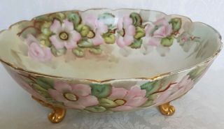 Antique T&v Limoges France Hp Dogwood Roses And Heavy Gold Footed Bowl Signed