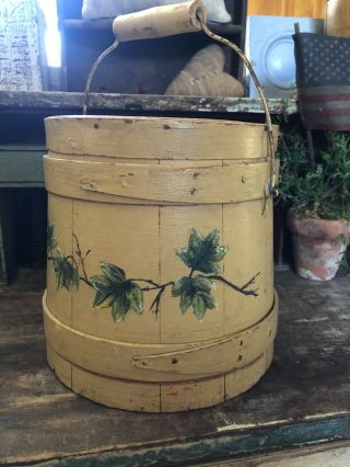 Antique Staved Wooden Firkin Old Mustard Paint Over Red With Lid & Handle Aafa