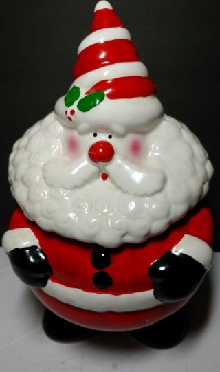 Vintage Christmas Cookie Jar Santa Claus Ceramic 2pc Candy Cane Cone Hat Holly