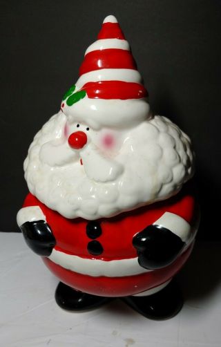 Vintage Christmas Cookie Jar Santa Claus Ceramic 2pc Candy Cane cone hat Holly 2