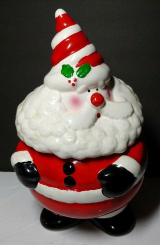 Vintage Christmas Cookie Jar Santa Claus Ceramic 2pc Candy Cane cone hat Holly 3