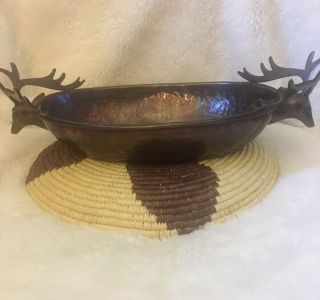 Vintage Arts And Crafts Hammered Copper Oval Dish W Deer Head Antlers Handles