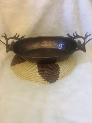 Vintage Arts And Crafts Hammered Copper Oval Dish W Deer Head Antlers Handles 2