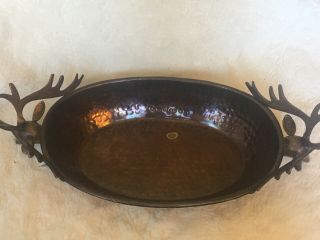 Vintage Arts And Crafts Hammered Copper Oval Dish W Deer Head Antlers Handles 3