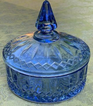 Old Vintage Blue Cut Glass Vanity Powder Dresser Jar W/ Lid 1940 