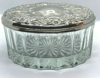 Old Vintage Cut Glass Dresser Jar W/ Decorative Repousee Silver Plated Lid 1940s