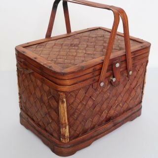 Vintage Hand Made Woven Bamboo Wood Picnic Basket 50s 60s Hinge Top Handles