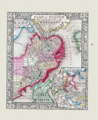 1860 Mitchell Hand Colored Map Boston & Harbor - Street Level Detail - Outstanding