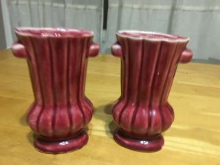 Shawnee Pottery Vase Pair Burgundy Red Usa 5 " Vintage Set Of 2
