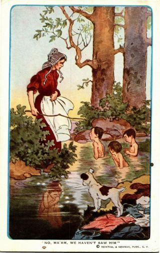Mother Looking For Skinny Dipping Son Hiding Underwater Vintage Postcard J23