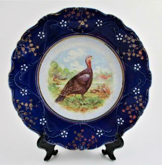 Turkey - Antique Flow Blue Dinner Plate Thanksgiving - Labelle China C.  1893 (b)