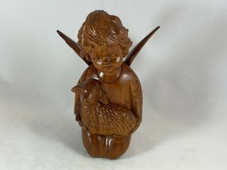 Hand Carved Wooden Angel Cherub Holding A Lamb,  8 " Tall