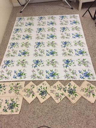 Vtg Tablecloth & 6 Napkins Blue White Blossoms Lilacs? 53” X 63” Mid Century