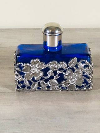 Vintage Art Nouveau Cobalt Blue Perfume Bottle W/silver - Toned Metal Overlay