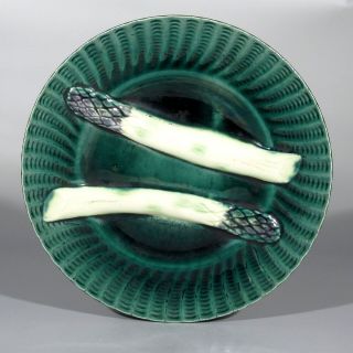Antique Or Vintage French Green Majolica Asparagus Plate,  Stamped