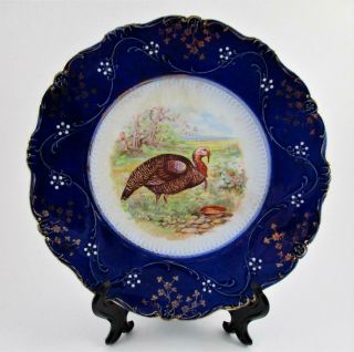 Turkey - Antique Flow Blue Dinner Plate Thanksgiving - Labelle China C.  1893 (a)
