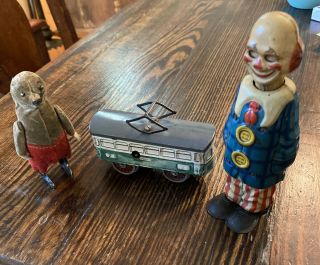 Total Of 3 Antique Key Wind Toys - Clown,  Bear & Trolley Car With 1 Key