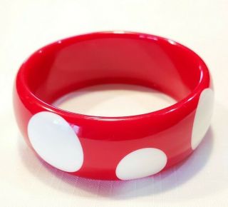 Vintage Red & White Polka Dot Lucite Old Plastic Thick Chunky Bangle Bracelet