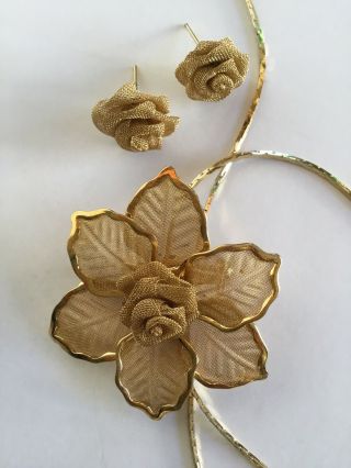 Vintage Gold Tone Mesh Rose Lariat Necklace And Earrings Slide Pendant Slider