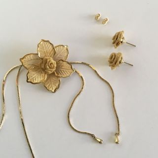 Vintage Gold Tone Mesh Rose Lariat Necklace And Earrings Slide Pendant Slider 3