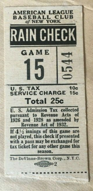 5/12/1938 Yankees V Indians Ticket Stub Bob Feller Win Lou Gehrig Homerun
