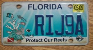Single Florida License Plate - 2009 - Rij9a - Protect Our Reefs