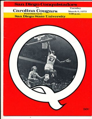 3/6 1973 San Diego Conquisadors Vs Carolina Cougars Aba Basketball Program Nm