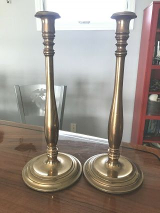 Two Antique Brass Candlesticks Heavy 4 Lb Tall Candlesticks 15 " Pair Abby C1
