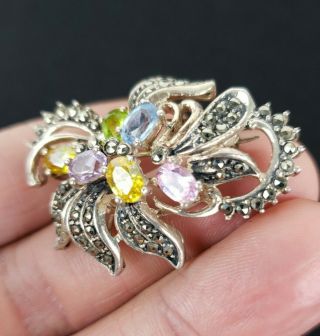 Vintage Sterling Silver Marcasite & Colorful Stones Brooch Pin