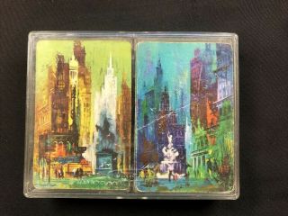 Set Of 2 Vintage Whitman Plastic Coated Playing Cards Cityscape In Case